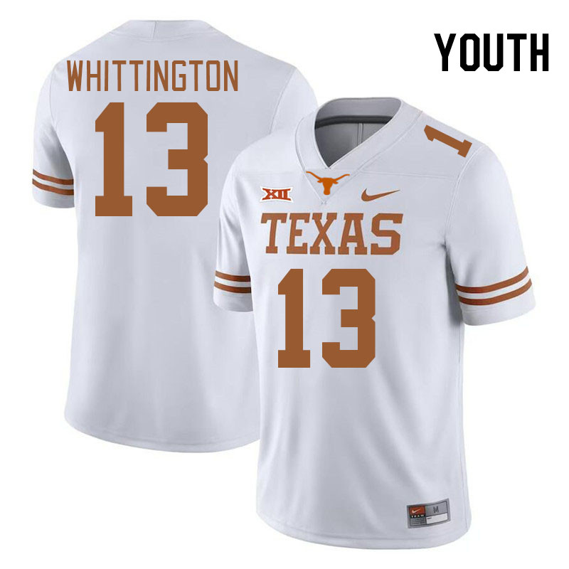 Youth #13 Jordan Whittington Texas Longhorns 2023 College Football Jerseys Stitched-White